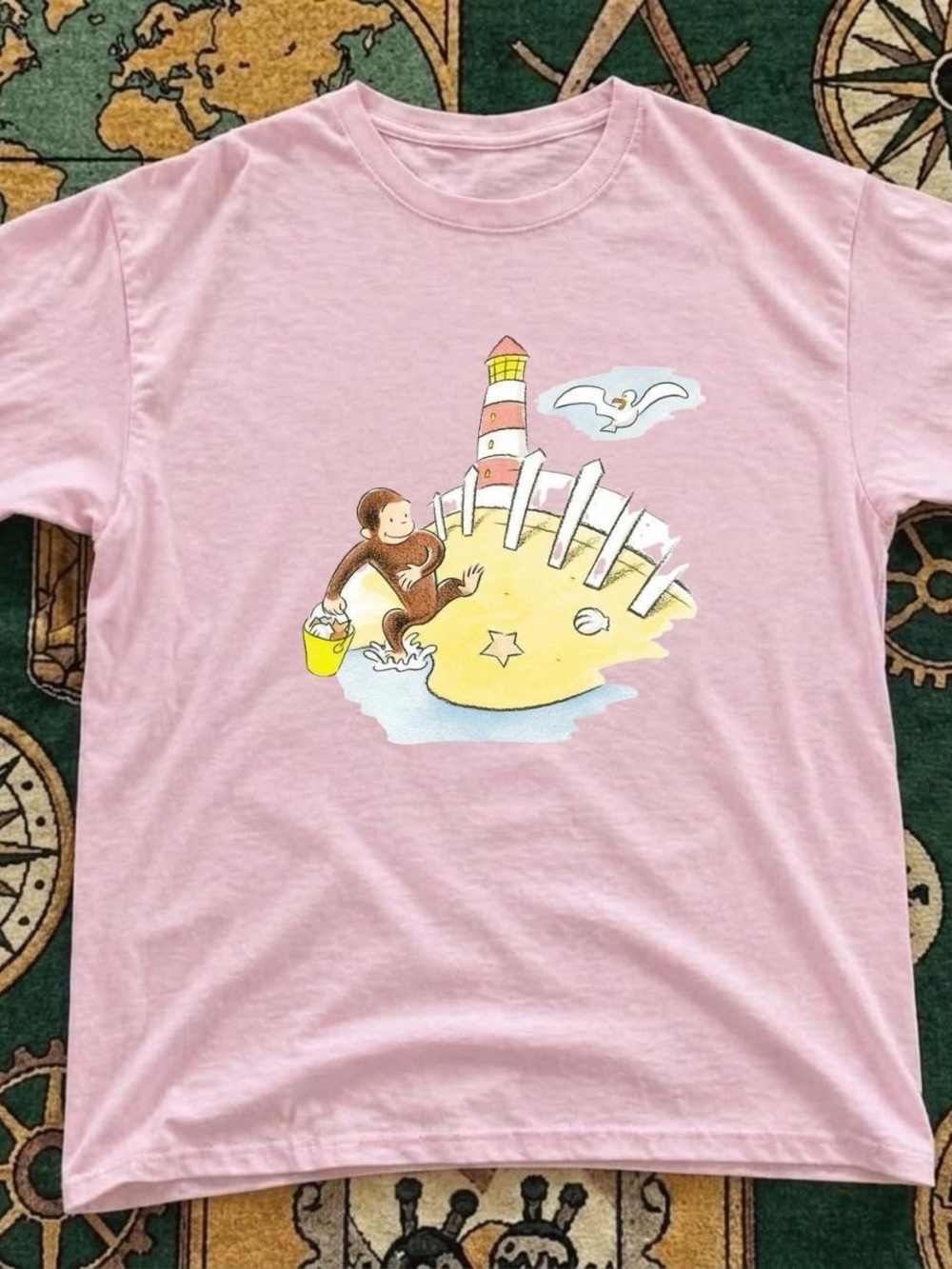 Gildan Pink Tee with Curious Monkey Beach Graphic